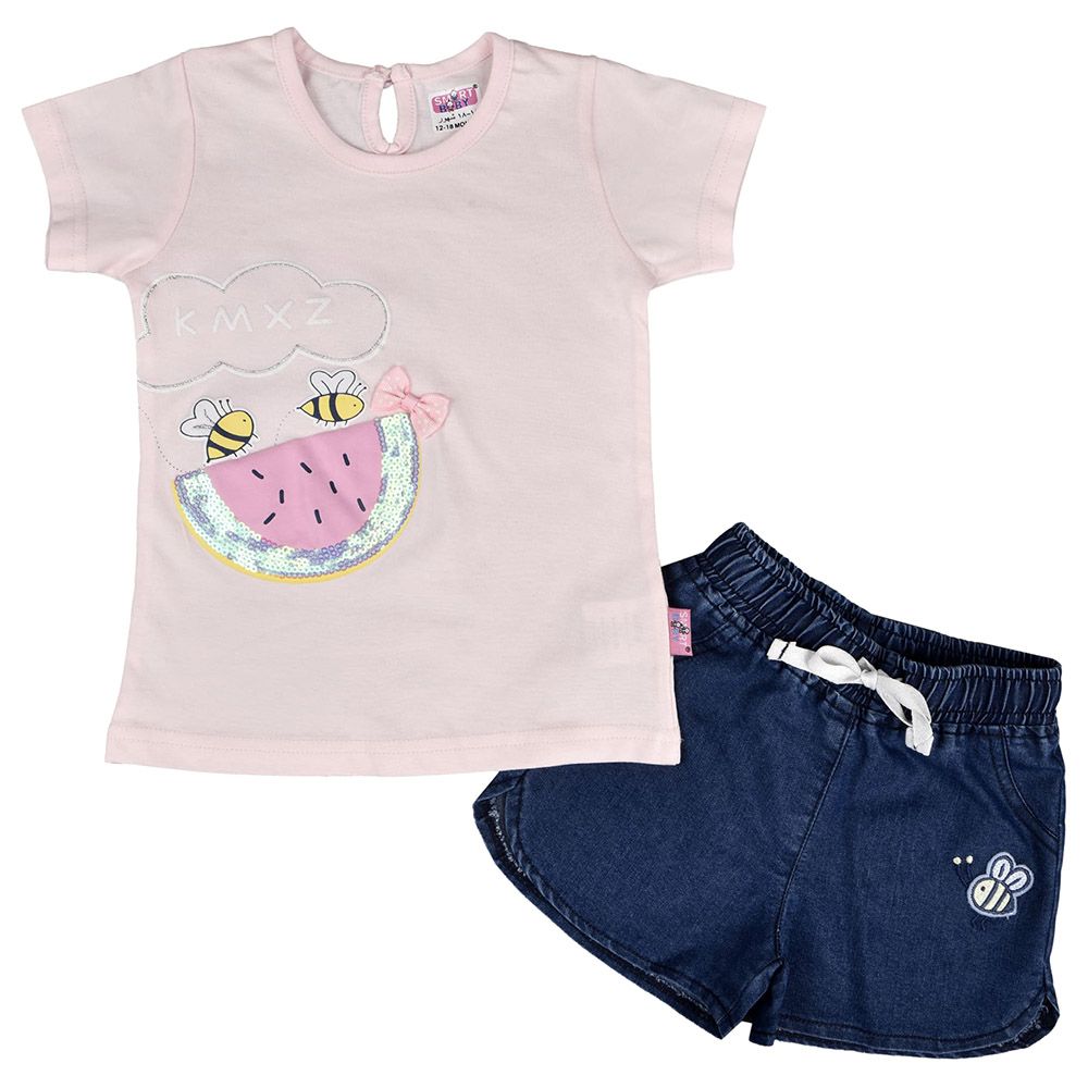 Smart Baby - 2pc-Set - Baby Girl Top & Denim Shorts - Pink