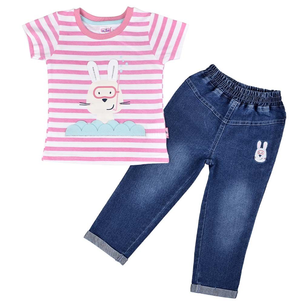 Smart Baby - 2pc-Set Baby Girls Striped Top & Jeans - Pink