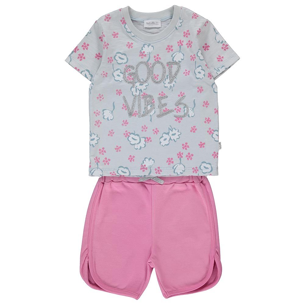 Bebetto - 2pc-Set - Girl Printed T-Shirt & Shorts - Grey/Pink