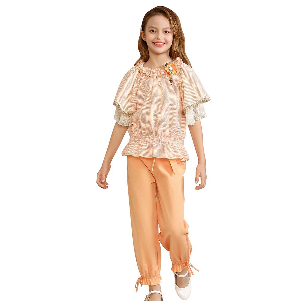 Le Crystal - 2pc-Set - Girl Top & Pants - Orange