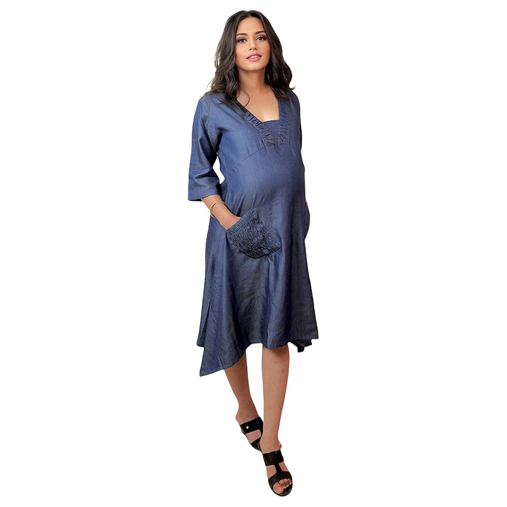 Tummy - Asymmetrical Maternity Dress w/ Side Pockets - Blue