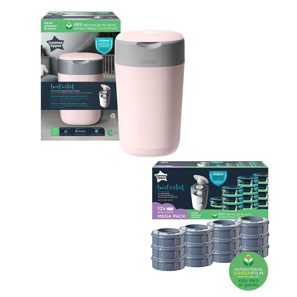 Tommee Tippee Twist & Click Nappy Disposal Sangenic Bin - Pink + Cassette x 12