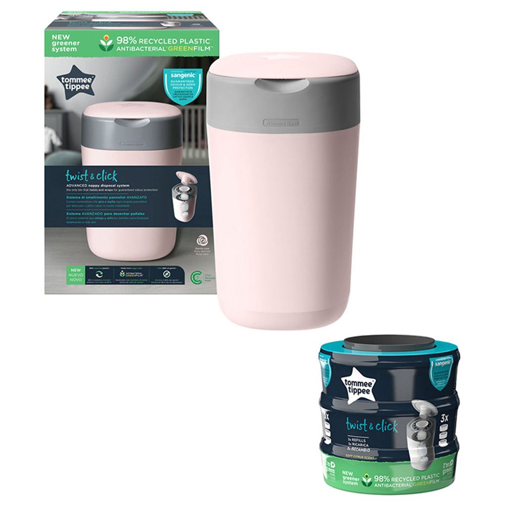 Tommee Tippee Twist & Click Nappy Disposal Sangenic Bin - Pink + Cassette x 3