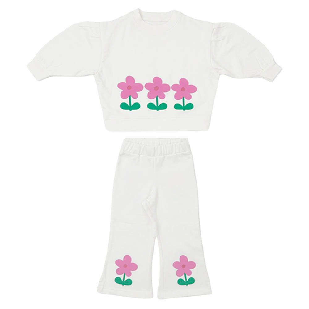 Aiko - 2pc-Set - Kids Sweat Top & Wide Leg Pants - White