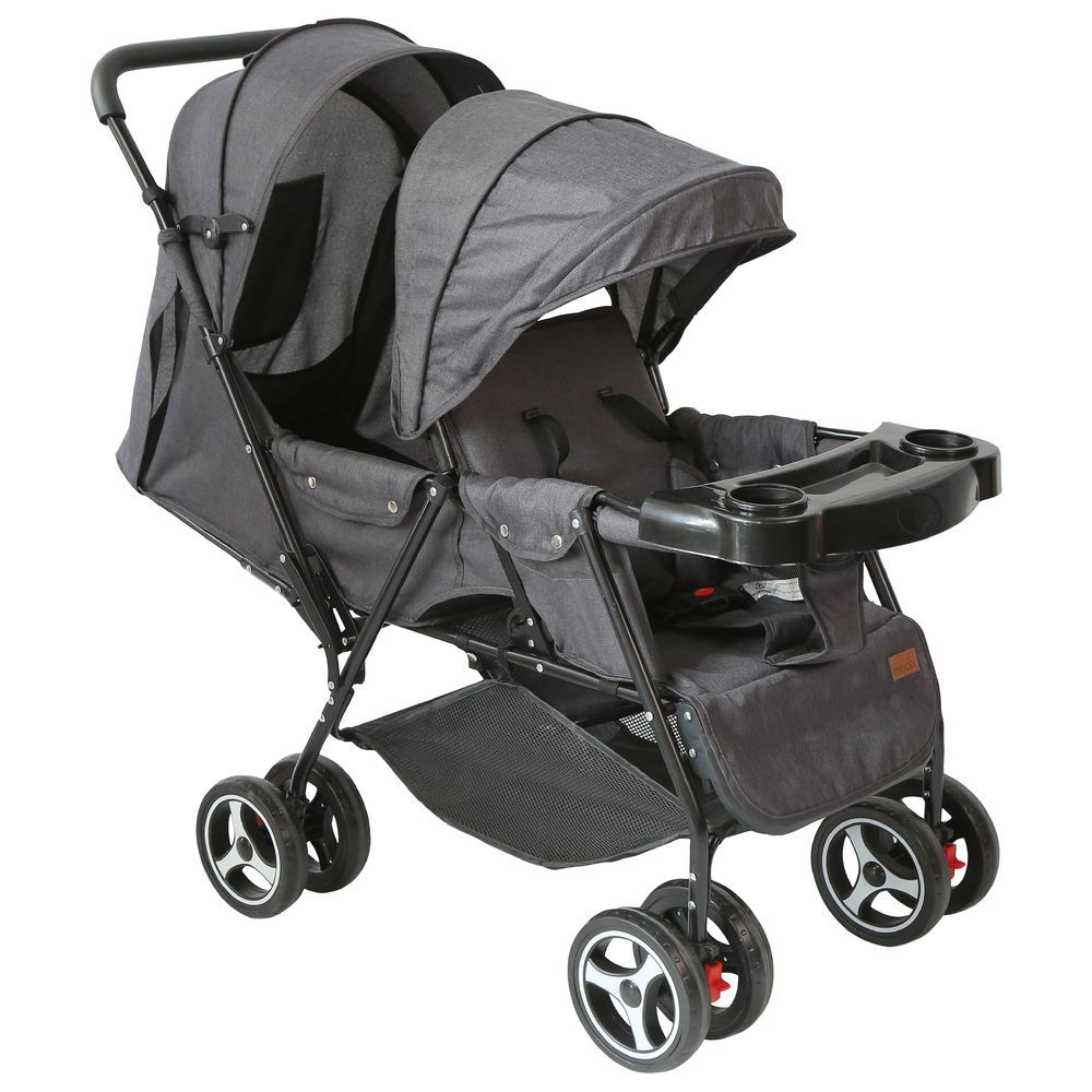 Moon - Magnum Tandem Easy Fold Twin Travel Stroller - Black + Grey dots