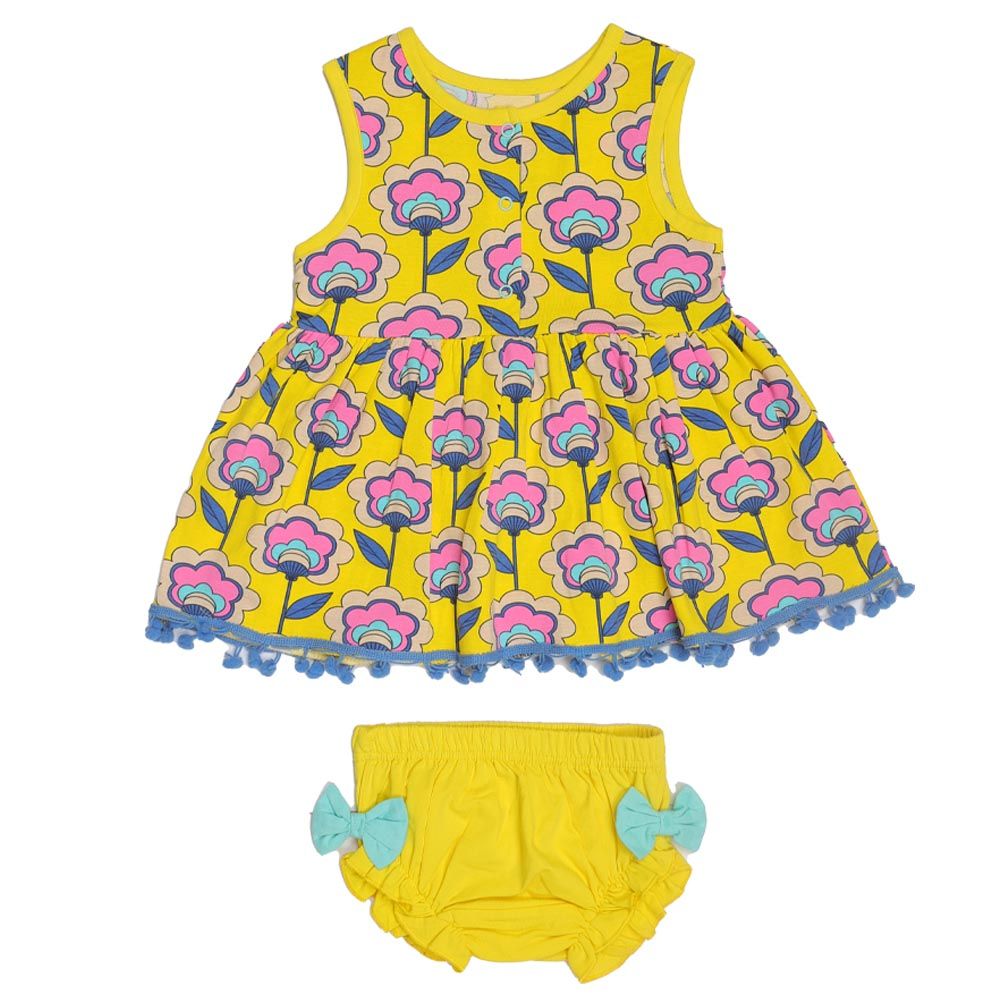 Aiko - Infants Floral Print Dress W/Bloomer - Yellow