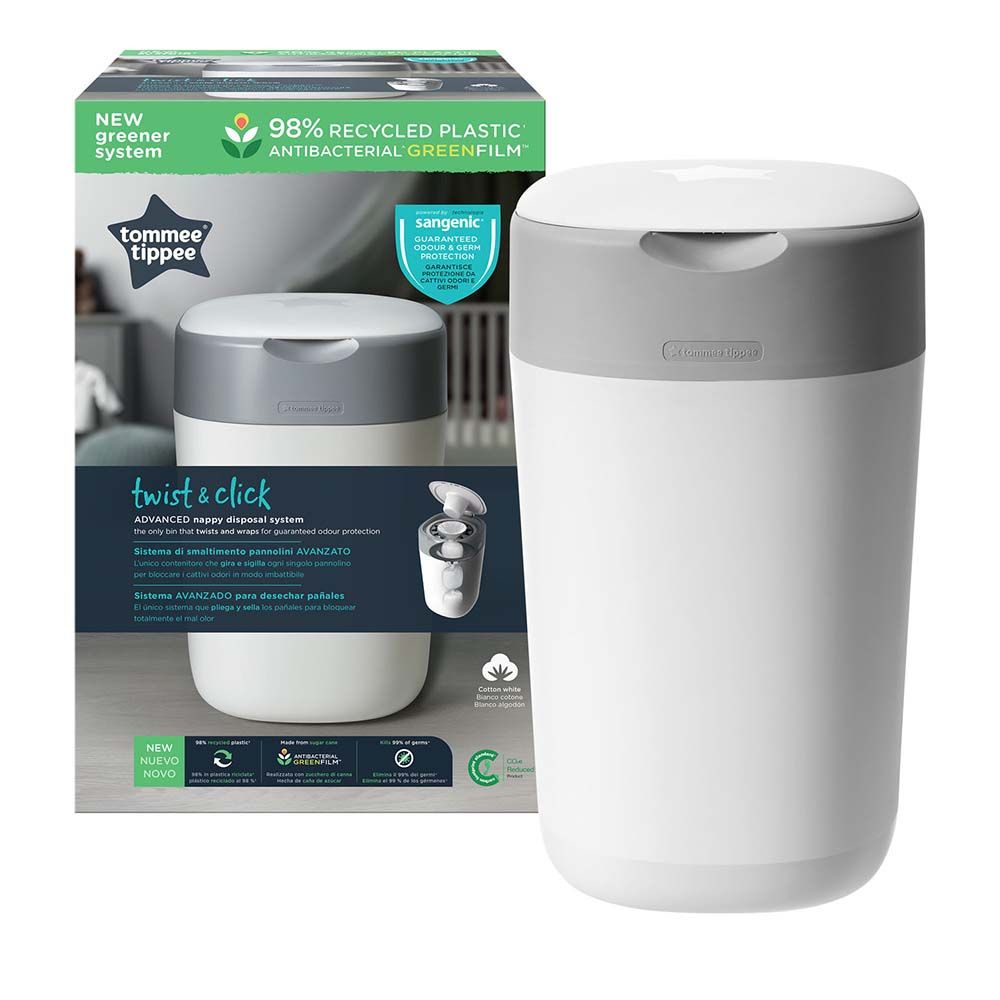 Tommee Tippee - Twist and Click Advanced Nappy Bin with 1x Refill Cassette with Sustainably Sourced Antibacterial GREENFILM - White