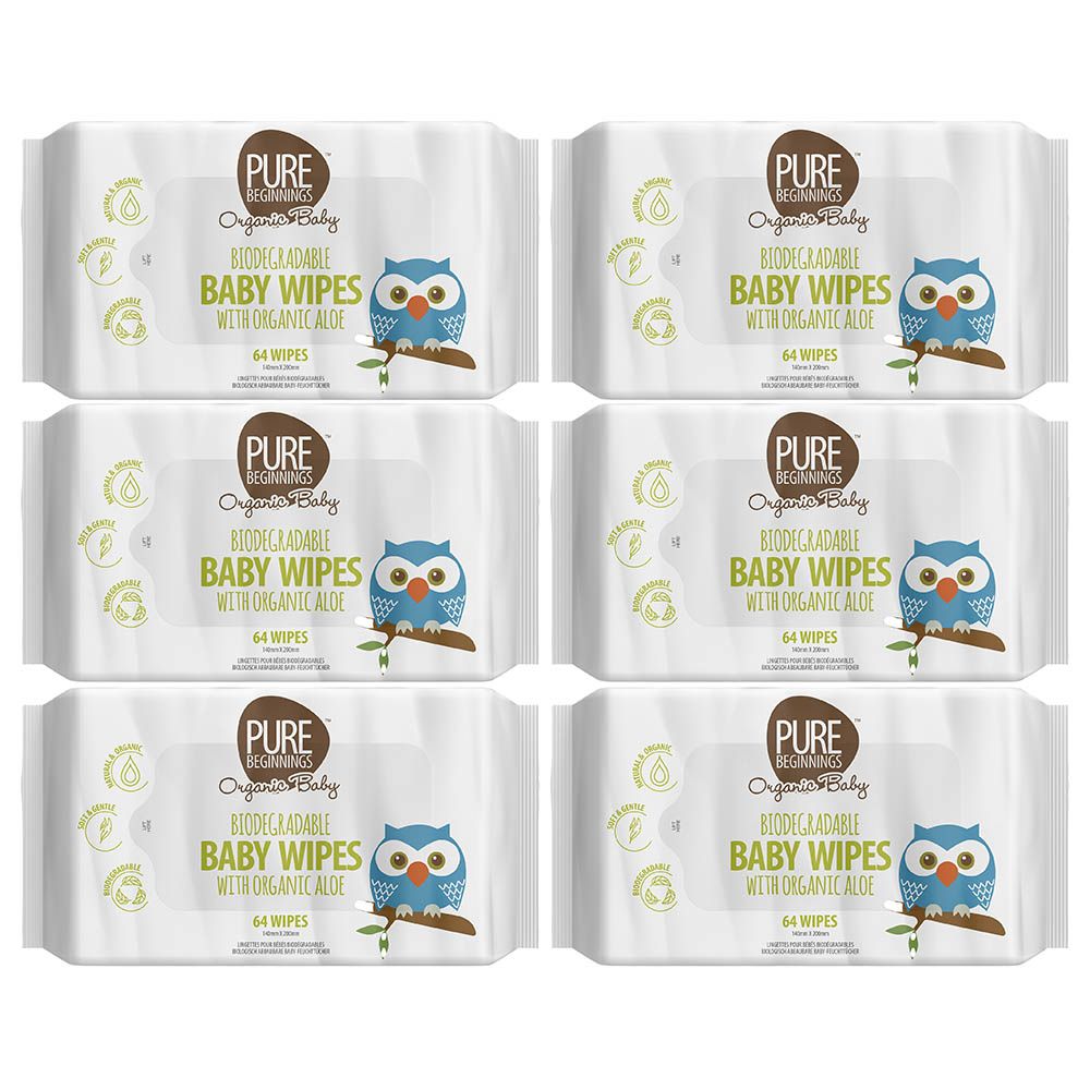 Pure Beginnings - Organic Baby Wipes 64Pcs - Pack of 6