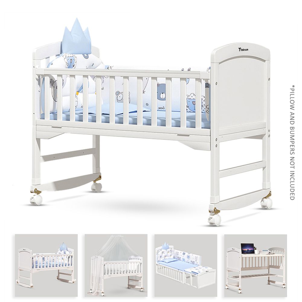 Teknum - 7-in-1 Convertible Kids Bed & Bedside Crib w/ Mattress, Mosquito net & Detachable Wheels - White