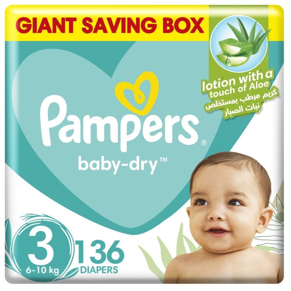 Pampers Baby-Dry Diapers, Size 3, 6-10kg - 136 Baby Diapers