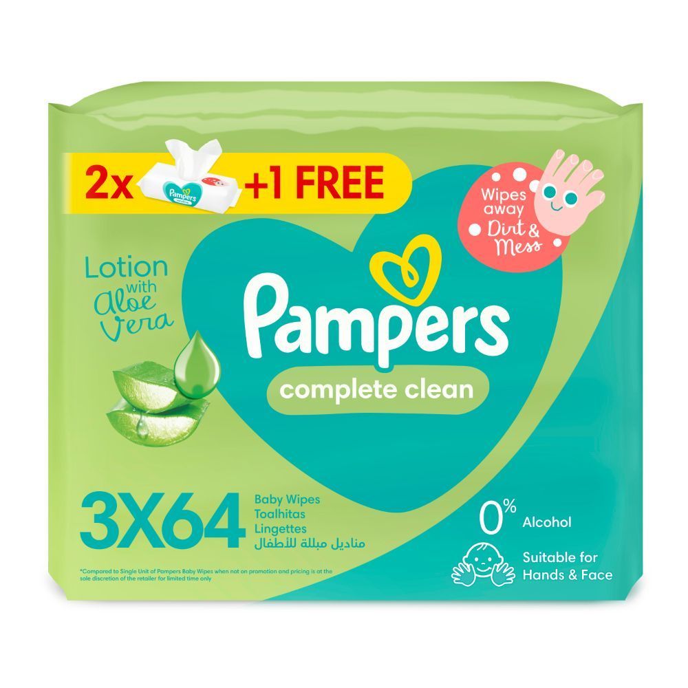 Pampers - Complete Clean Baby Wipes w/ Aloe Vera Lotion, 2+1 Packs, 192 Wipe Count