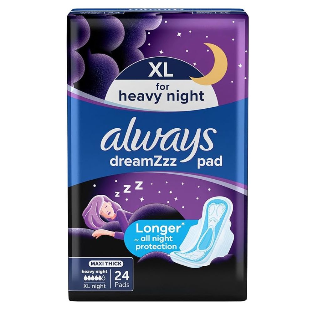 Always Clean & Dry Maxi Thick, Night Sanitary Pads with Wings, 24 Count