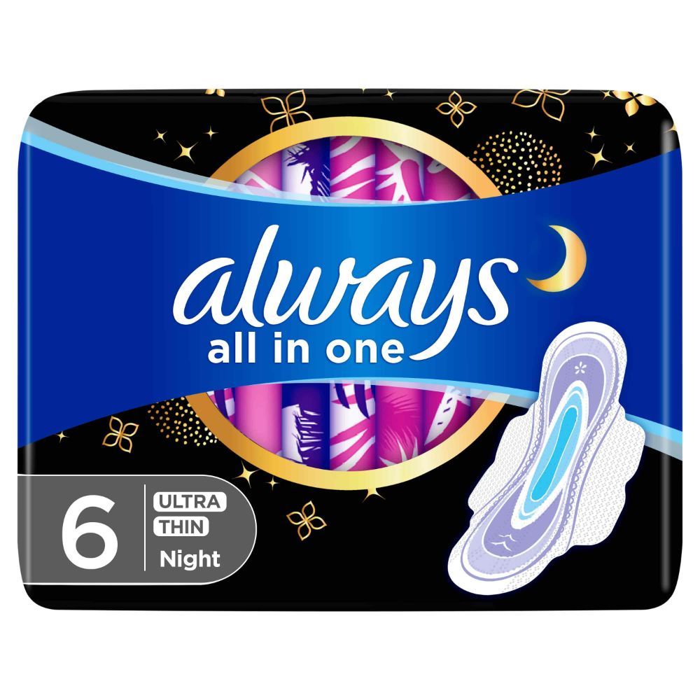 Always All-in-1 Ultra Thin, Night Sanitary Pads with Wings, 6 Count