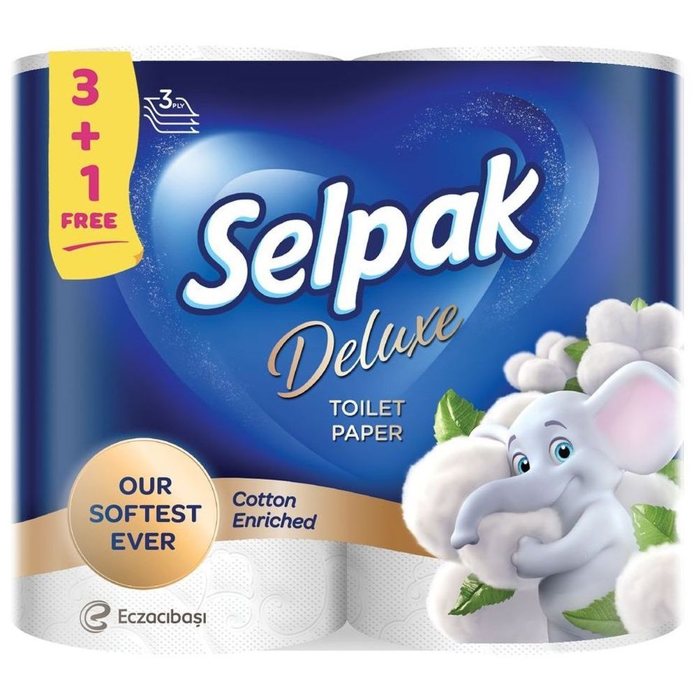 Selpak Super Soft Deluxe Embossed Toilet Paper 150 Sheets x 3Ply, 17.6 GSM Pack of 3 Rolls + 1 Rolls Free