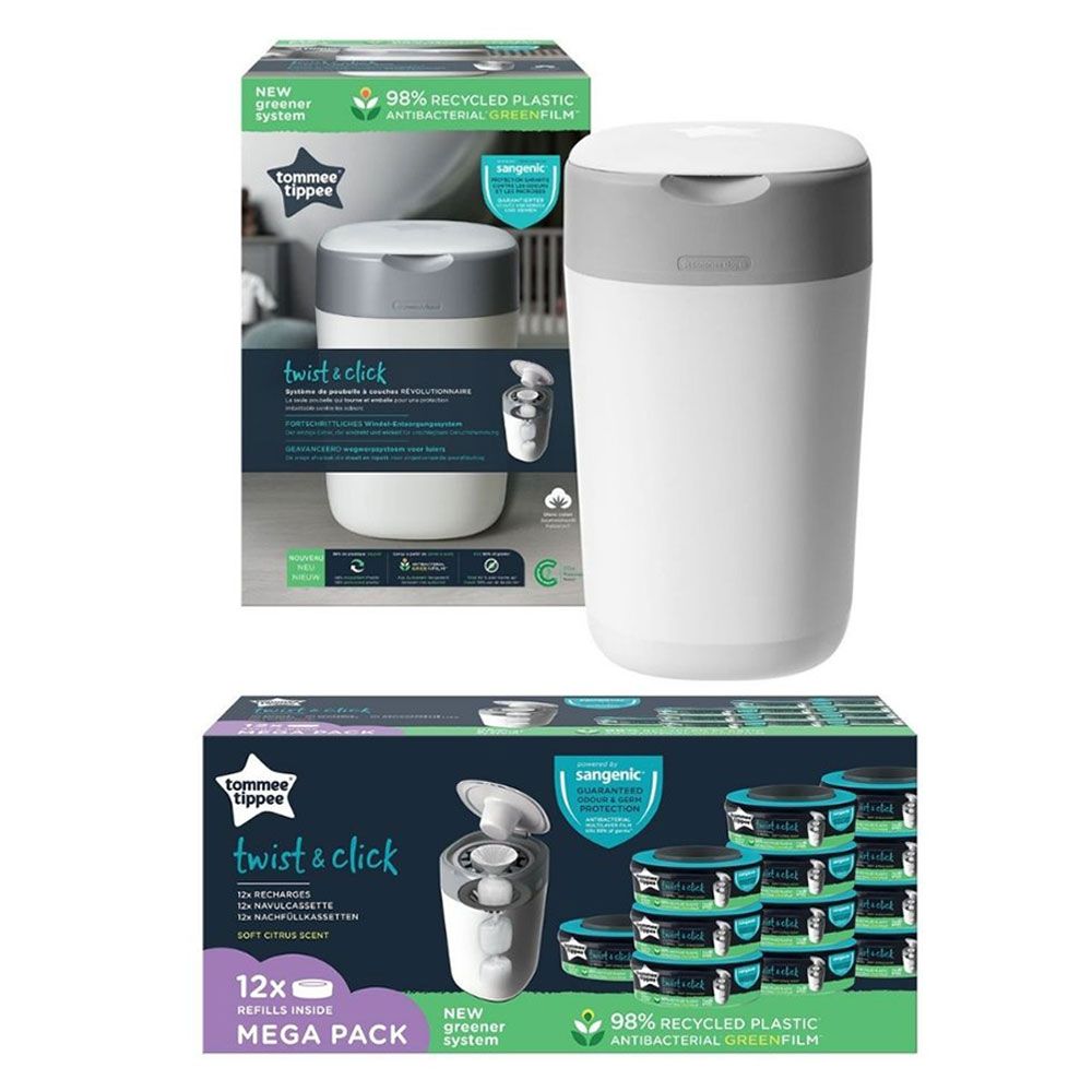 Tommee Tippee Twist & Click Nappy Disposal Sangenic Bin White + Cassette x12