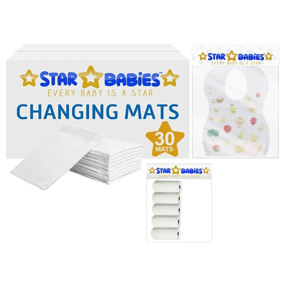 Star Babies - Changing Mat 10pcs & Scented Bag 5pcs & Bibs 30pcs - White