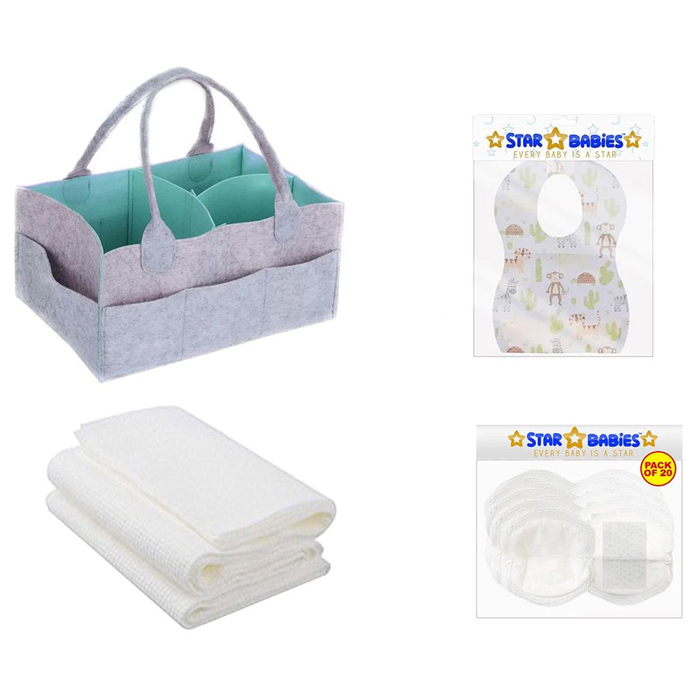 Star Babies - Caddy Organizer Diaper & Bibs 10pcs & Breast Pad 20pcs & Towel 3pcs - Grey Green