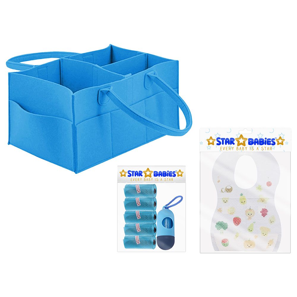 Star Babies - Diaper Caddy Organizer w/ Scented Bag Dispenser & Disposable Bibs - Blue