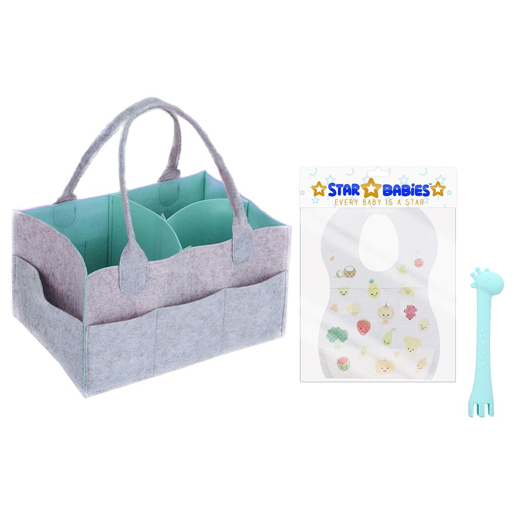 Star Babies - Diaper Caddy Organizer w/ Disposable Bibs & Unbreakable Spoon & Fork - Grey