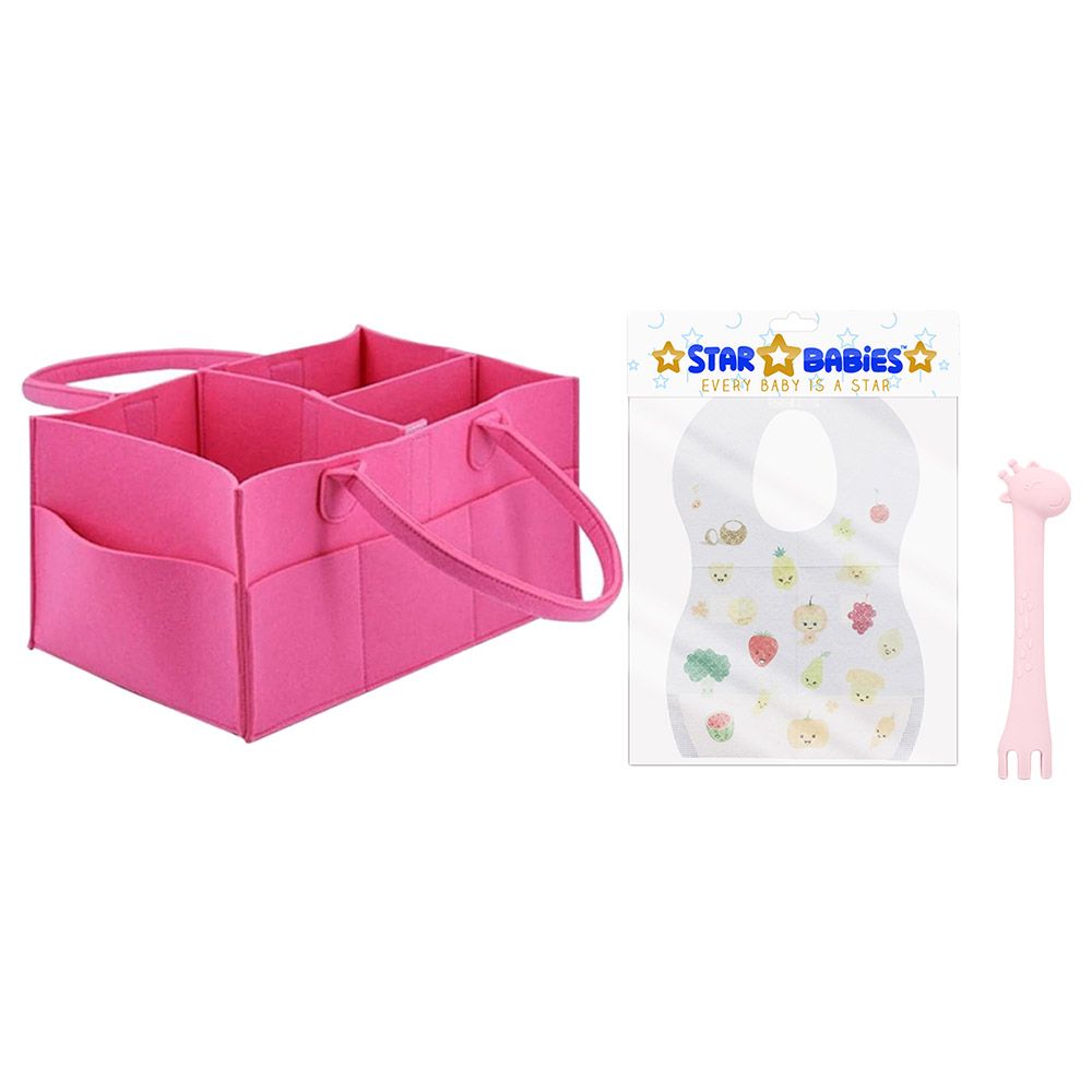 Star Babies - Diaper Caddy Organizer w/ Disposable Bibs & Unbreakable Spoon & Fork - Pink