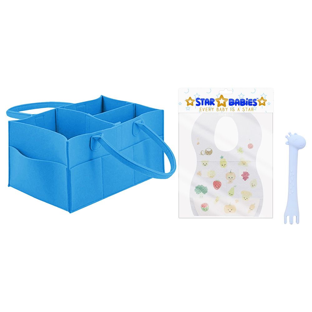 Star Babies - Diaper Caddy Organizer w/ Disposable Bibs & Unbreakable Spoon & Fork - Blue