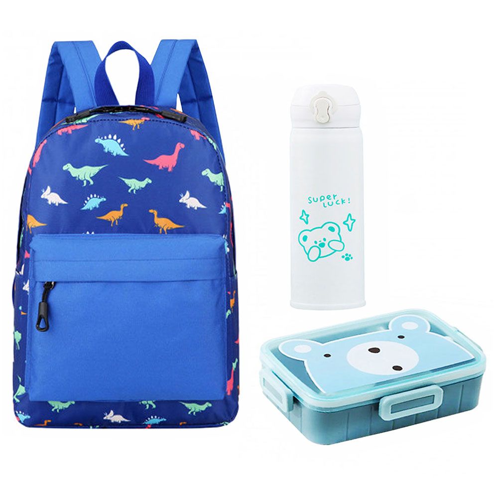 Star Babies - School Bag 13.8-inches, Water Bottle 500ml & 2 Compartment Lunch Box - Blue/White