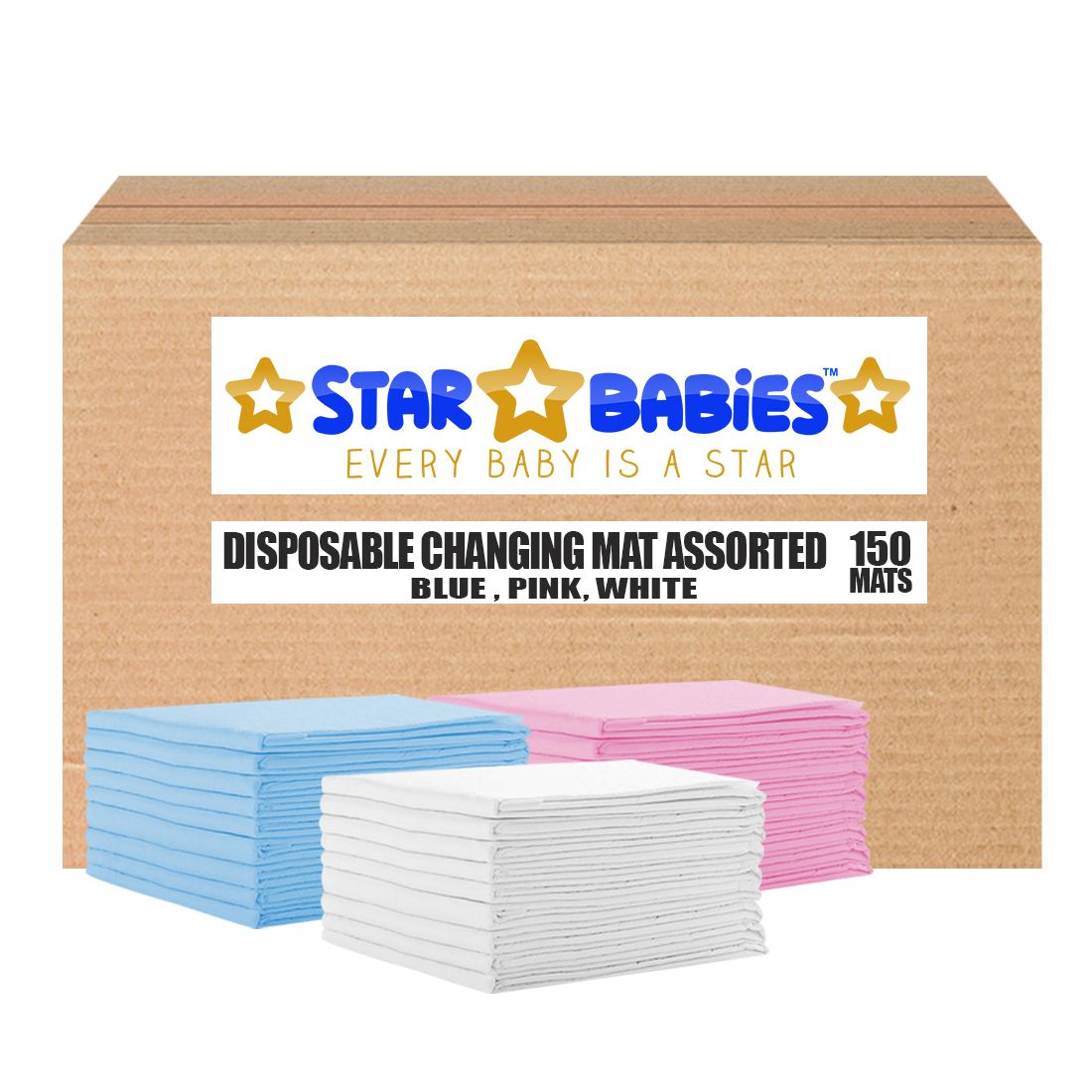 Star Babies Disposable Changing mats (45x60cm) Large, Blue/White/Pink 150pcs