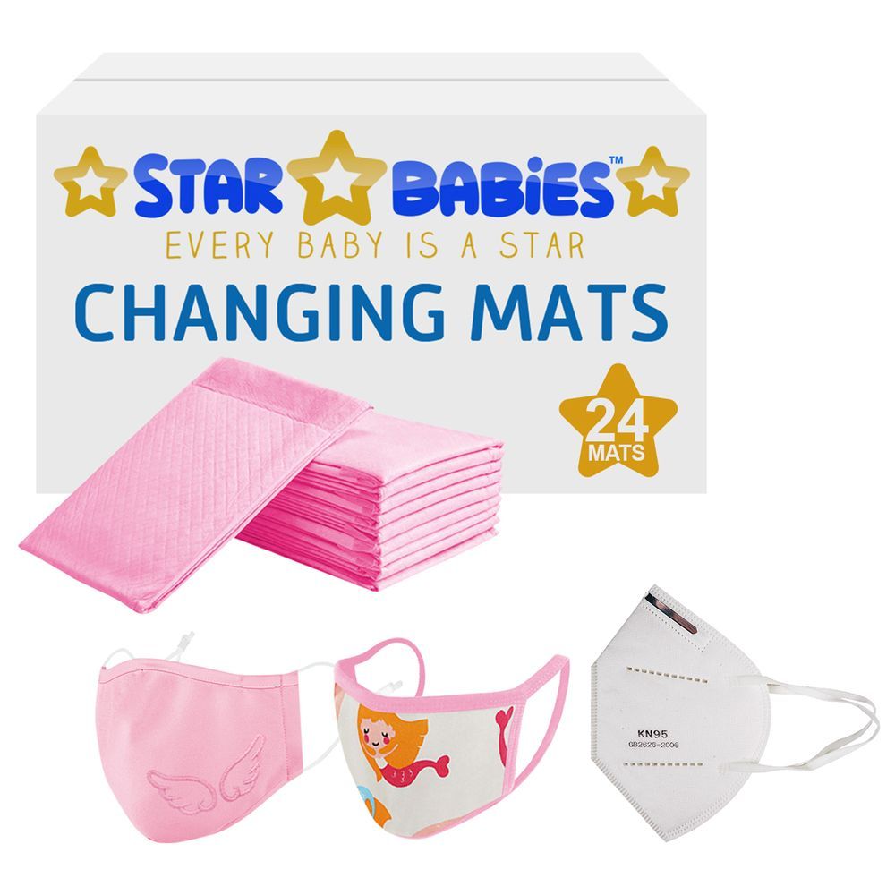 Star Babies Combo Pack, 24Pcs Disposable Changing Mats Pink/2Pcs Kids Reusable Mask/KN95 Mask