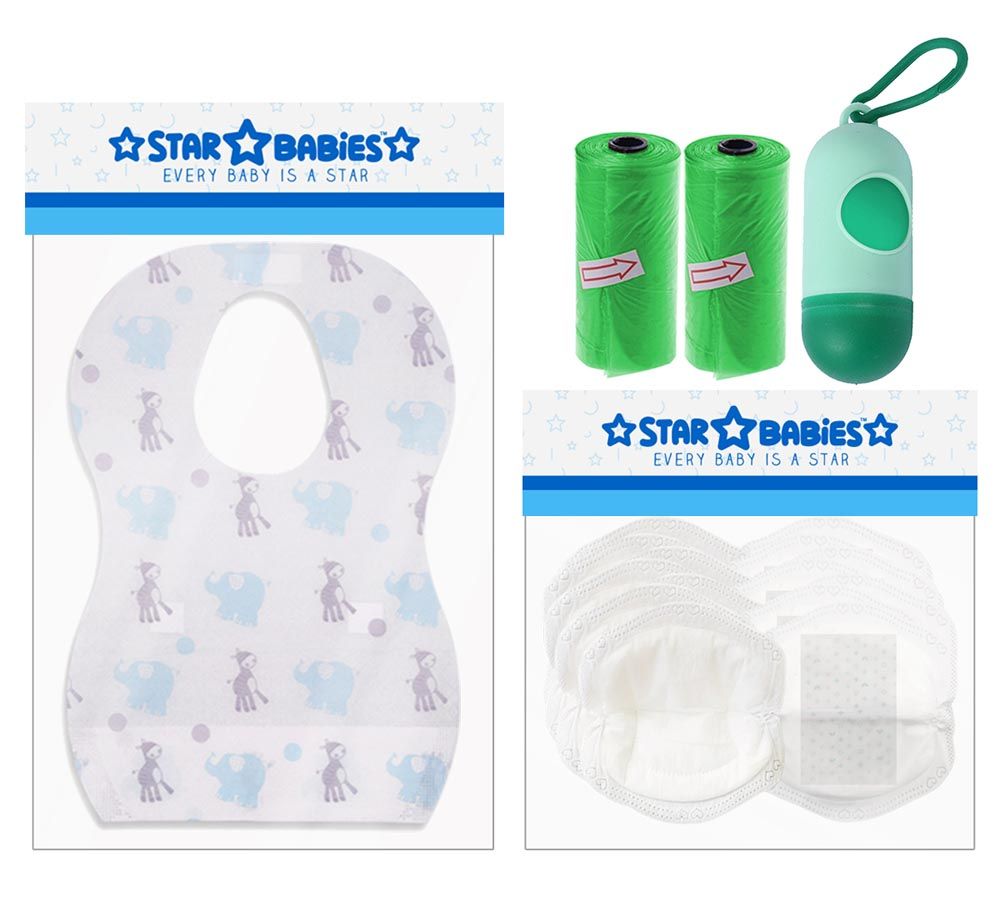 Star Babies - Combo - Disposable Bibs 5pcs + Disposable Breast Pads 20pcs + Scented Bag 2pcs + Dispenser