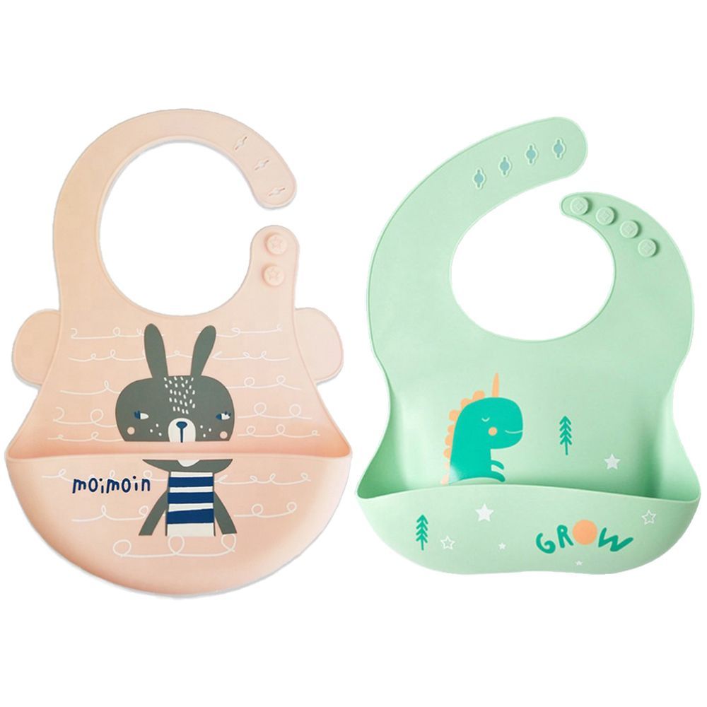 Pixie Baby - Silicone Bibs Pack of 2 - Squirrel, Dinosaur