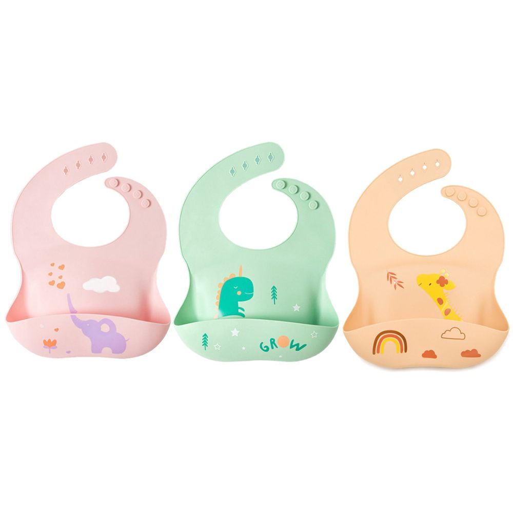 Pixie Baby - Silicone Bibs Pack of 3 - Elephant, Dinosaur, Jeraff