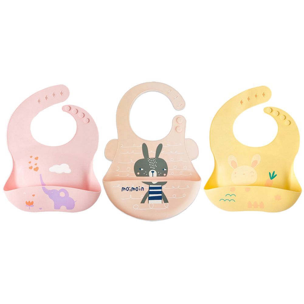 Pixie Baby - Silicone Bibs Pack of 3 - Elephant, Squirrel, Bunny