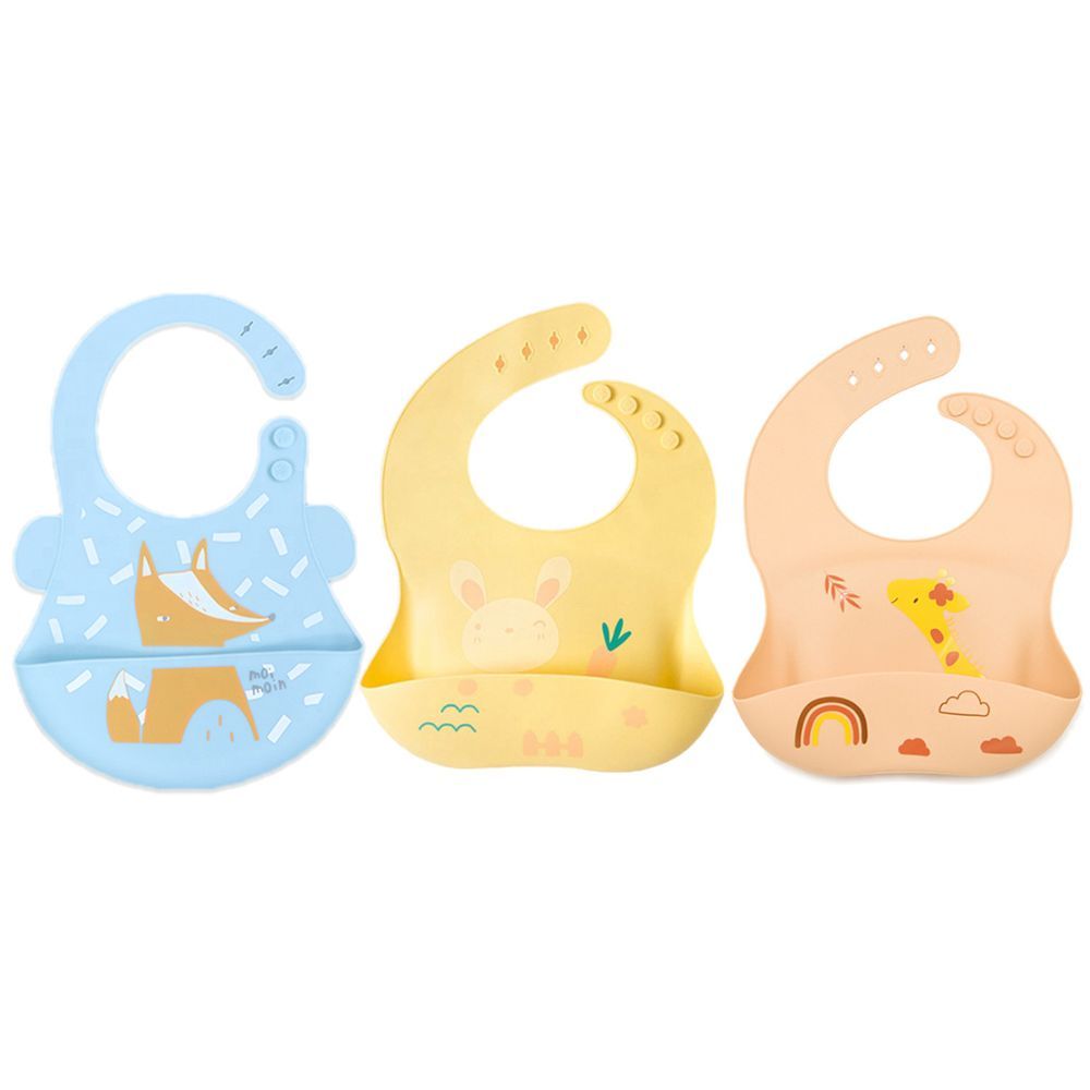 Pixie Baby - Silicone Bibs Pack of 3 - Fox, Bunny, Jerraf