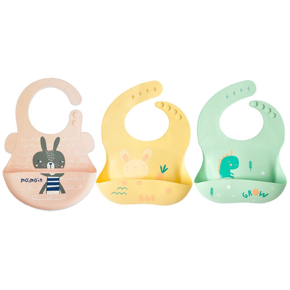 Pixie Baby - Silicone Bibs Pack of 3 - Squirrel. Bunny, Dinosaur