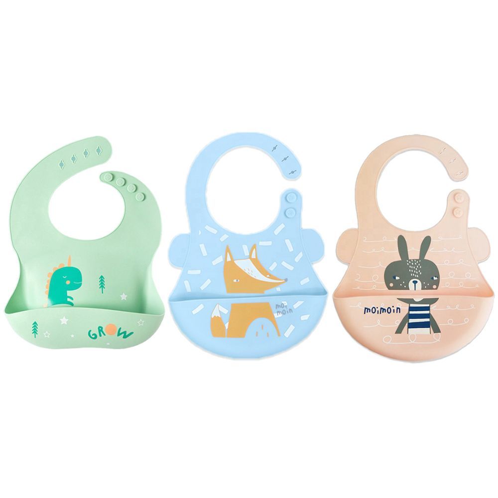 Pixie Baby - Silicone Bibs Pack of 3 - Dinosaur, Fox, Squirrel