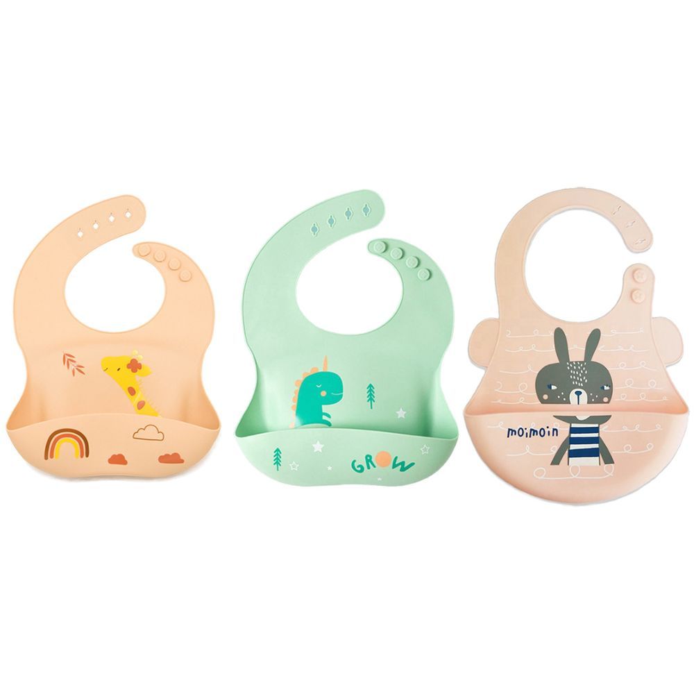 Pixie Baby - Silicone Bibs Pack of 3 - Jerraf, Dinosaur, Squirrel