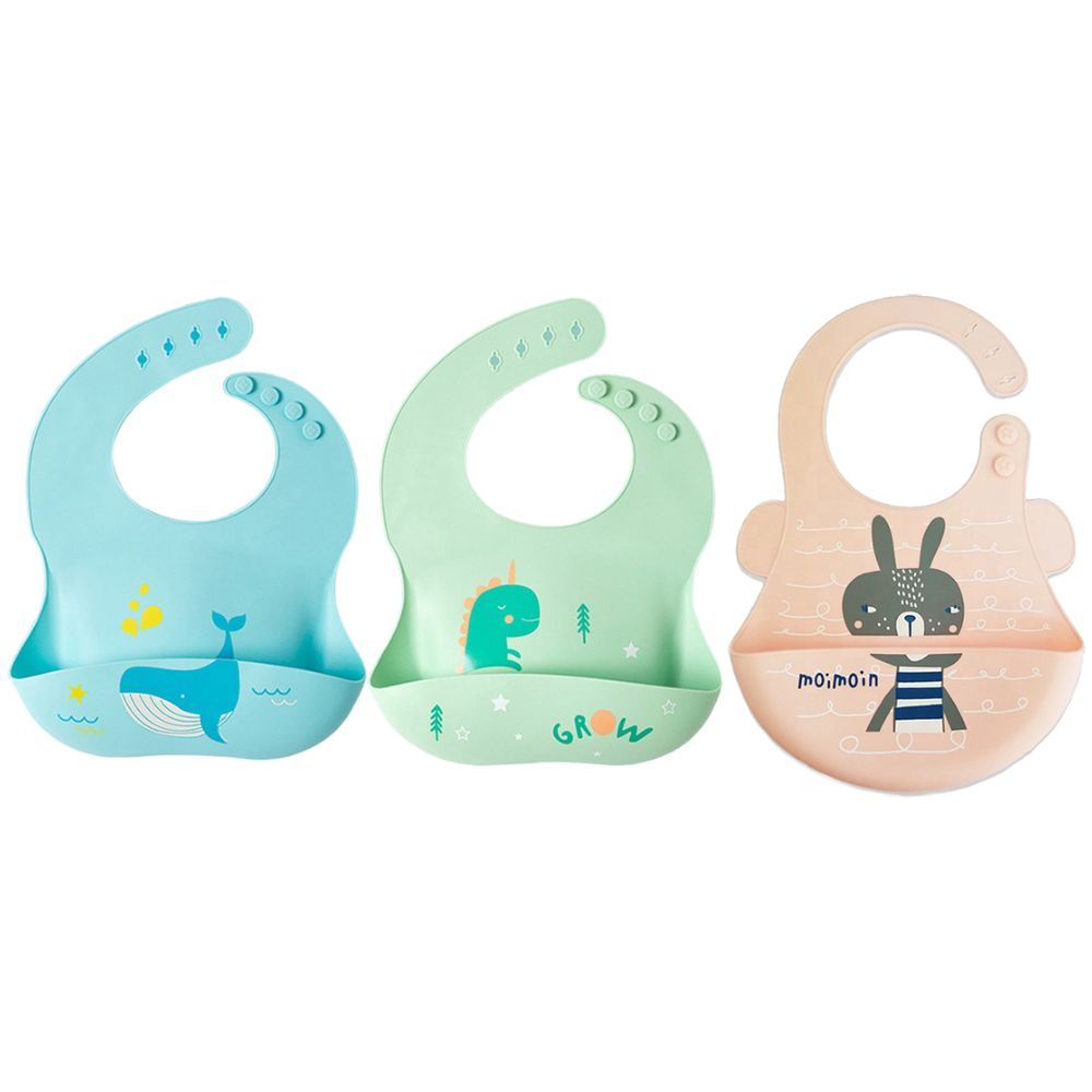 Pixie Baby - Silicone Bibs Pack of 3 - Whale, Dinosaur, Squirrel