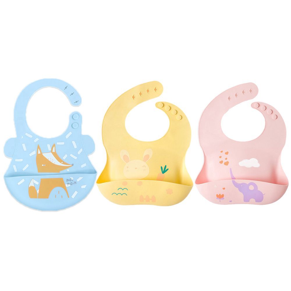 Pixie Baby - Silicone Bibs Pack of 3 - Fox, Bunny, Elephant