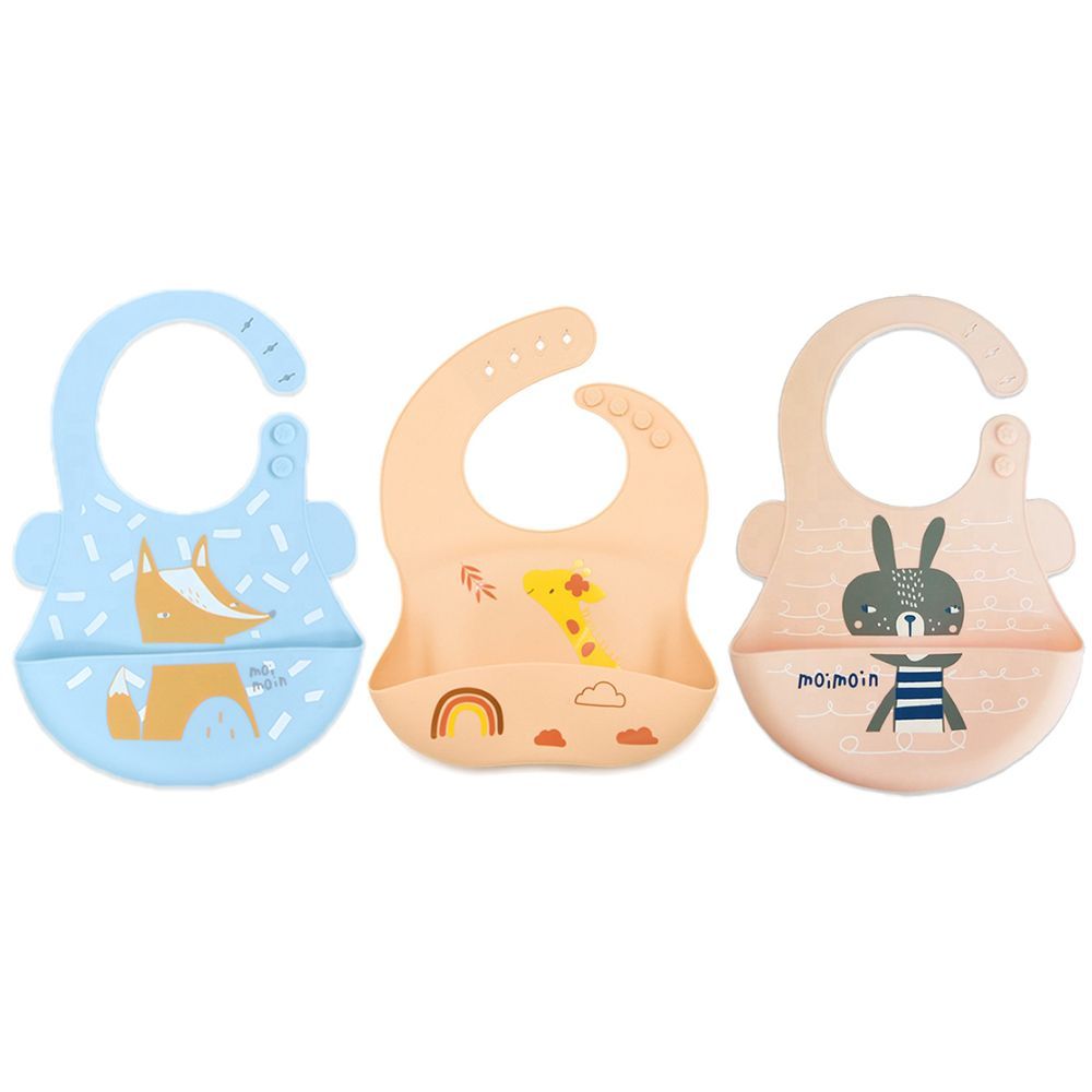 Pixie Baby - Silicone Bibs Pack of 3 - Fox, Jerraf, Squirrel