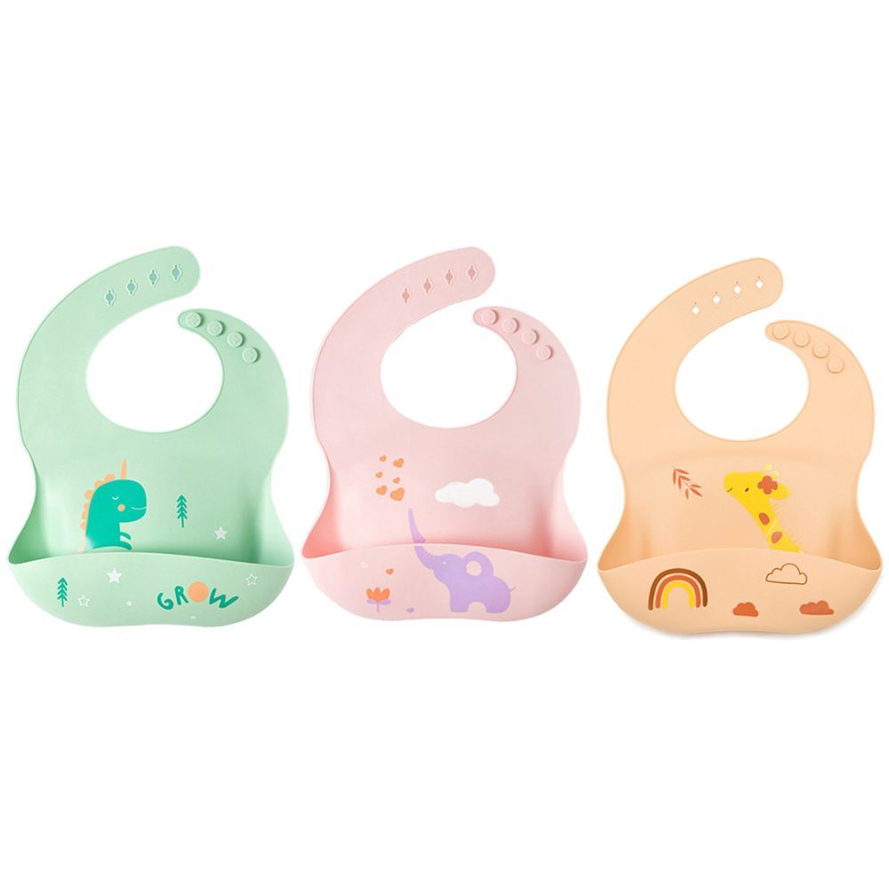 Pixie Baby - Silicone Bibs Pack of 3 - Dinosaur, Elephant, Jerraf