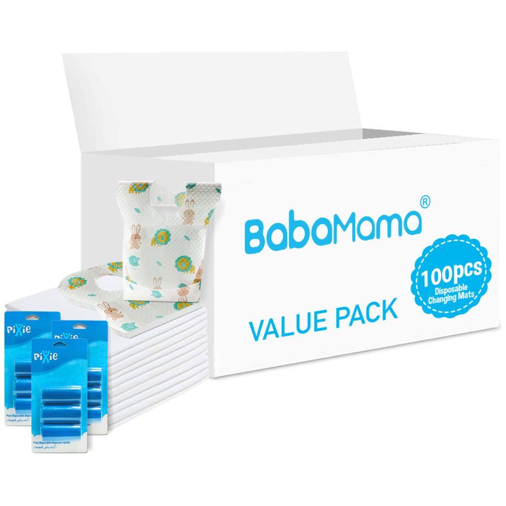 Babamama - Changing Mats 100 + Pixie - Bib 100 + Pack Of 3 Refill Blue 180 Nappy Bags 