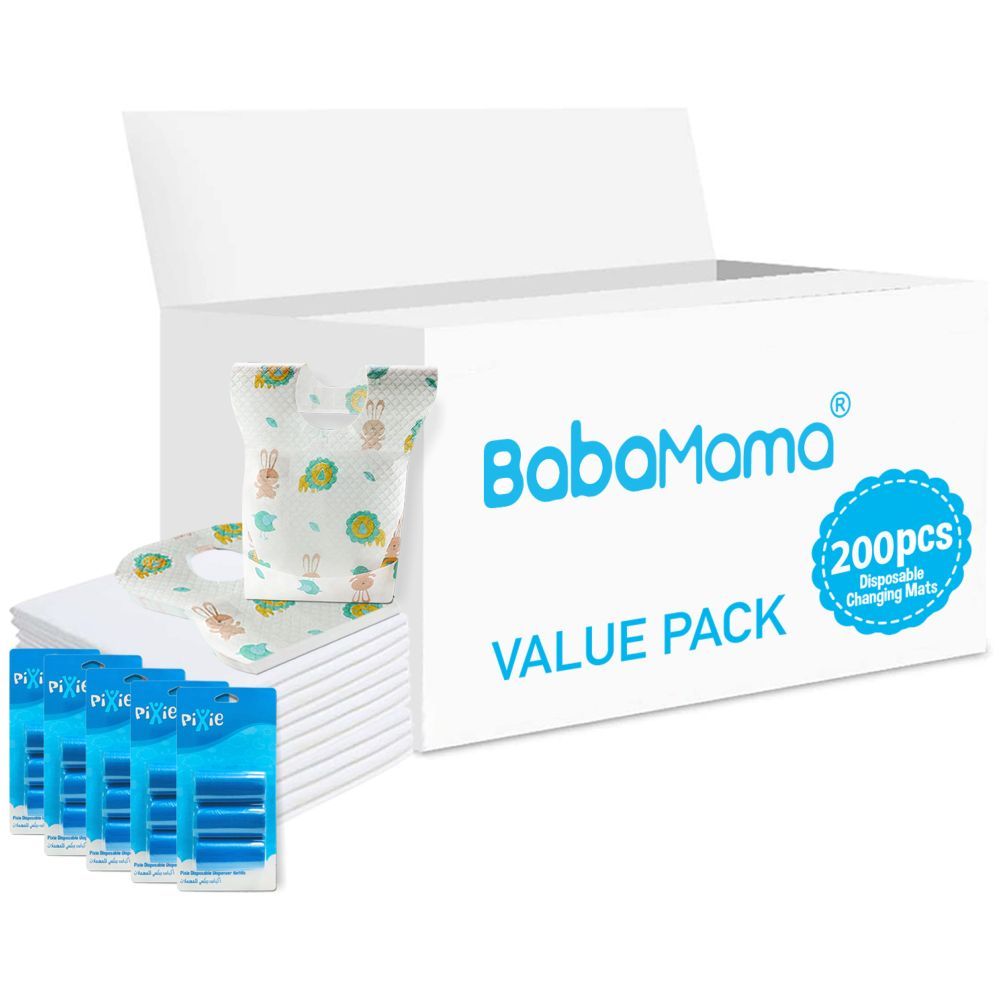 Babamama - Changing Mats 200 + Pixie - Bib 200 + Pack Of 5 Refill Blue 300 Nappy Bags 