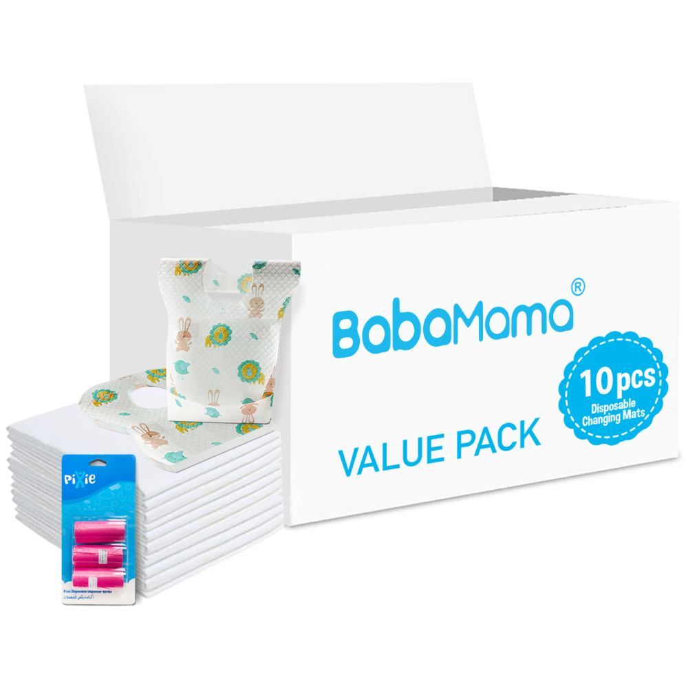 Babamama - Changing Mats 10 + Pixie - Bib 10 + Pack Of 1 Refill Pink 60 Nappy Bags 