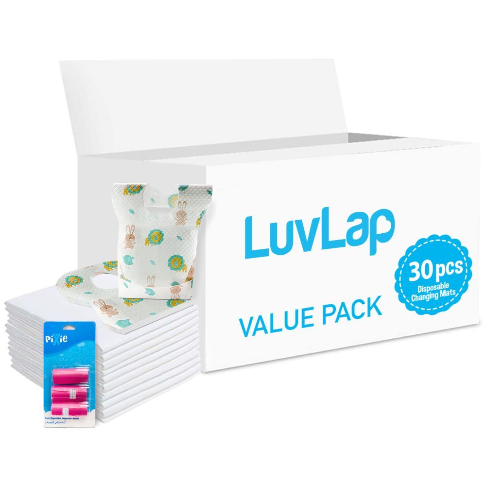 Luvlap - Changing Mats 30 + Pixie - Bib 30 + Pack Of 1 Refill Pink 60 Nappy Bags 