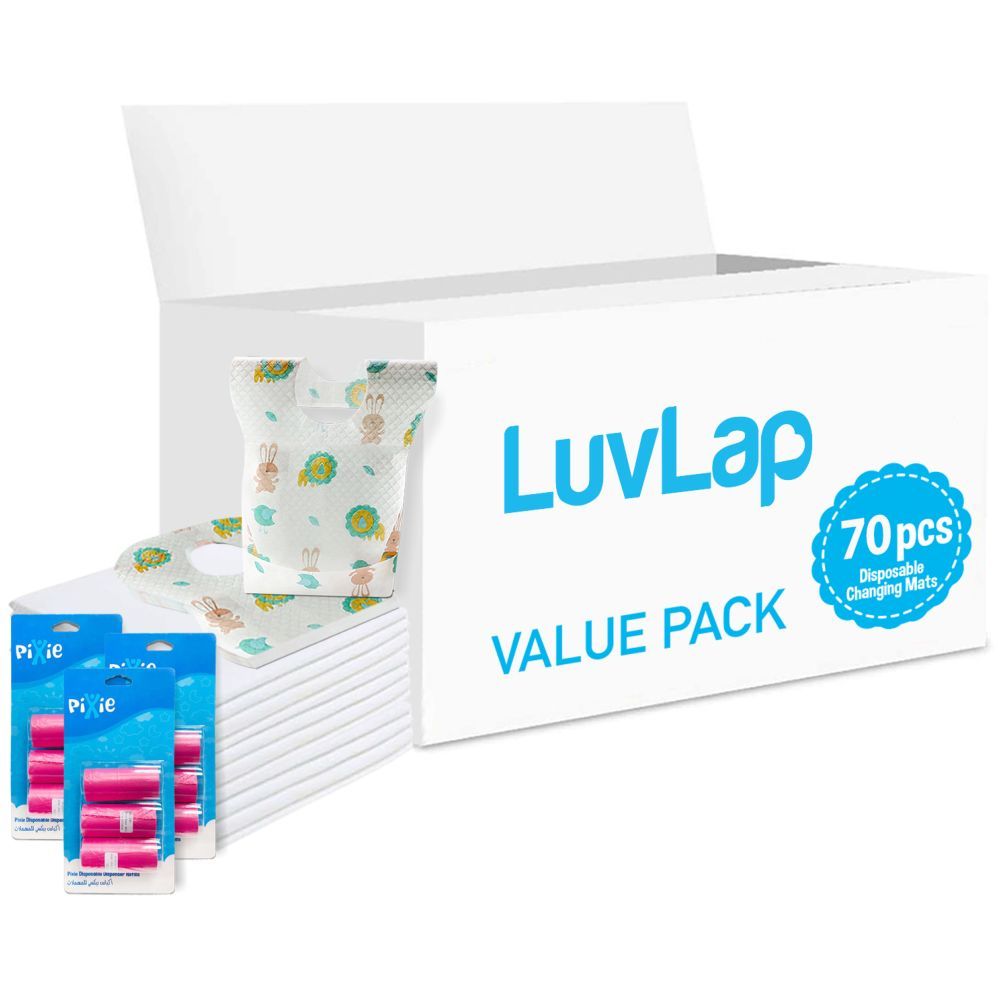 Luvlap - Changing Mats 70 + Pixie - Bib 70 + Pack Of 3 Refill Pink 180 Nappy Bags 