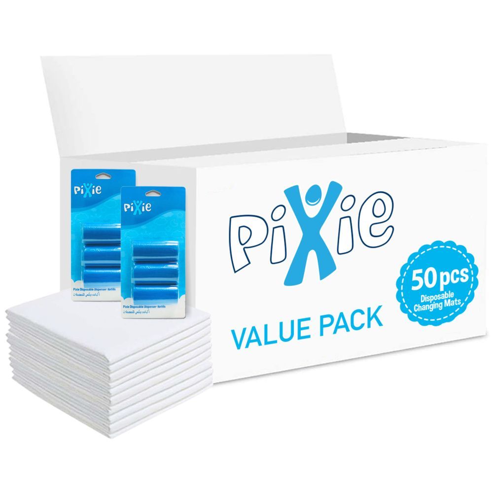 Pixie - Changing Mats 50 + Pack Of 2 Refill Blue 120 Nappy Bags