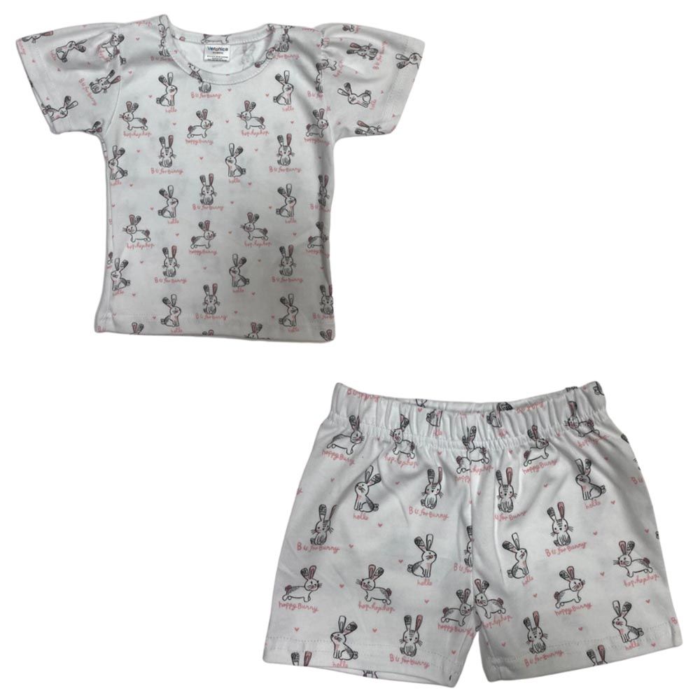 Veronica - Bunny Printed T-Shirt & Shorts Set - White