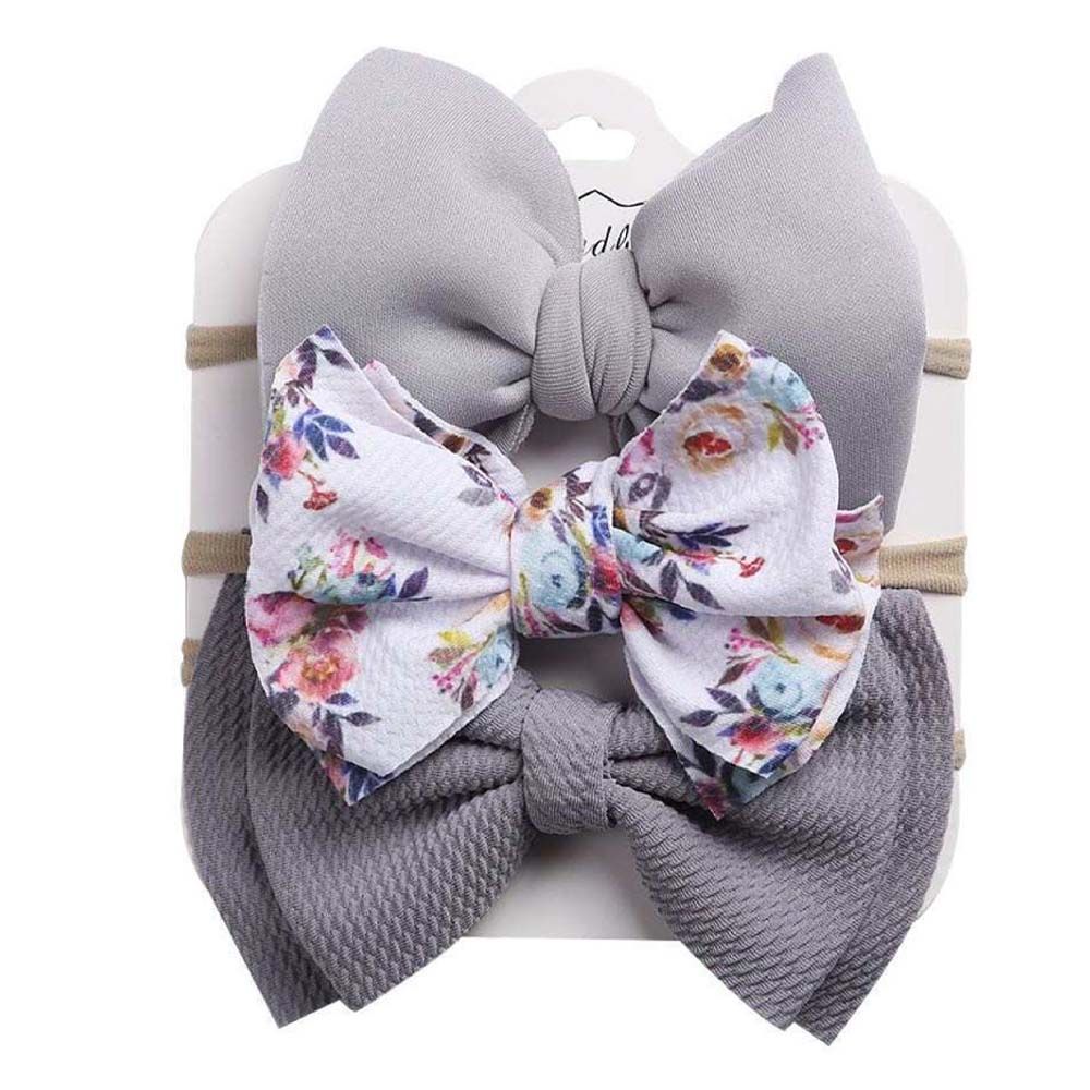 The Girl Cap - 3pc-Set - Solid & Printed Bow - Grey