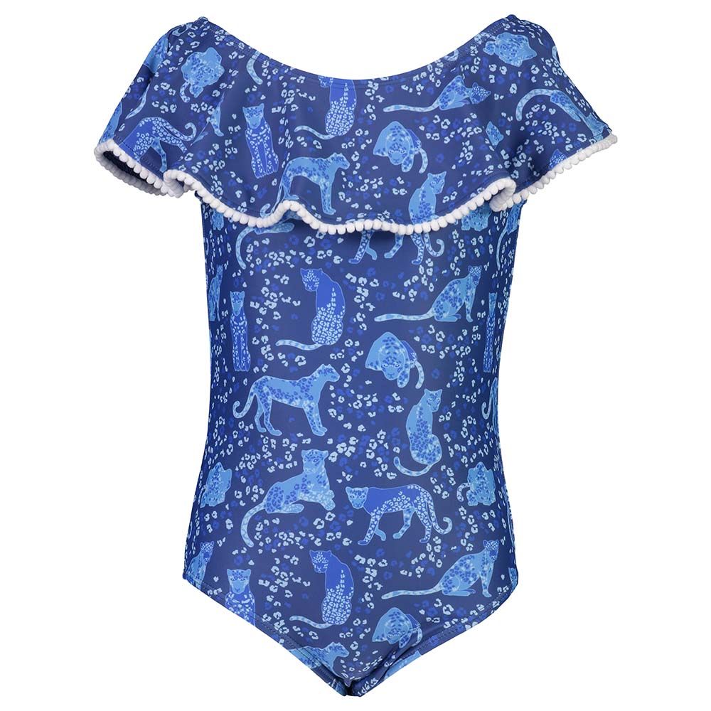 Snapperrock - Cheetah Off Shoulder Frill Swimsuit - Blue