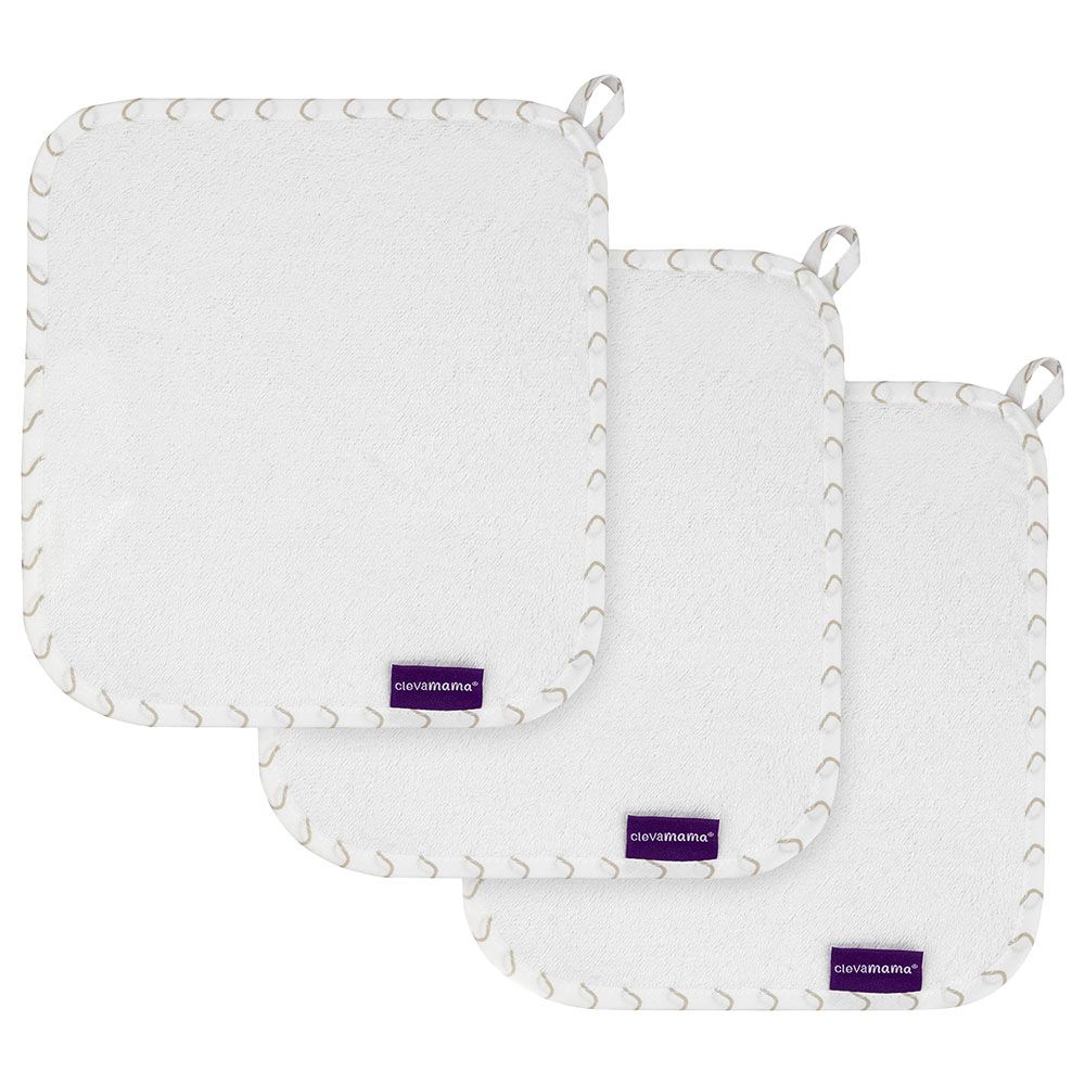 Clevamama - Bamboo Baby Washcloth Set - Pack Of 3 - White/Grey